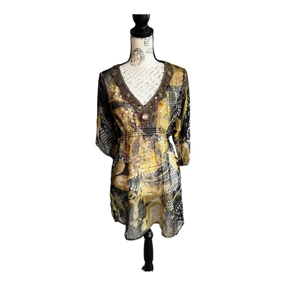 Solitaire, Sheer Beaded Tunic Brown & Gold, L, Like New - Picture 3 of 12
